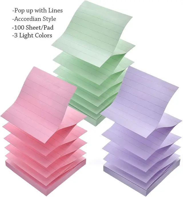 Alt view image 2 of 7 - Lined Pop Up Sticky Note 3x3 inch, 6 Pack Accodian Stlye Self-Sticky Notes with Lines, Light Green Pink Purple Color, 100 Sheet/Pad Easy Post