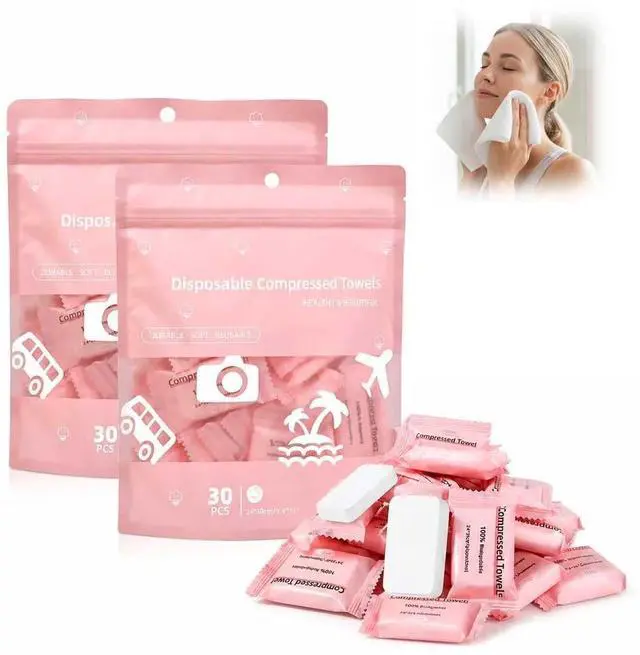 Main image of 60PCS Compressed Towels, Disposable Face Towel, Compressed Towel Tablets, Portable Cotton Coin Tissues, Soft Thick Expandable Towels for Travel, Camping, Home, Outdoor, Makeup Removal (2Pack-Pink)