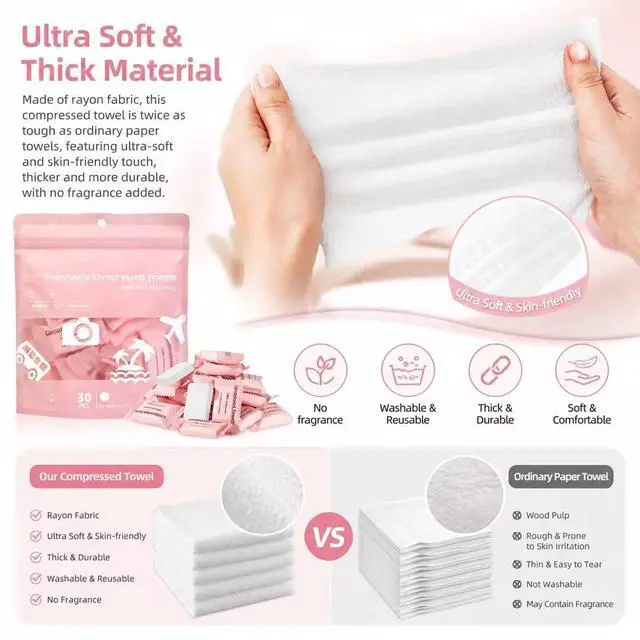 Alt view image 2 of 4 - 60PCS Compressed Towels, Disposable Face Towel, Compressed Towel Tablets, Portable Cotton Coin Tissues, Soft Thick Expandable Towels for Travel, Camping, Home, Outdoor, Makeup Removal (2Pack-Pink)