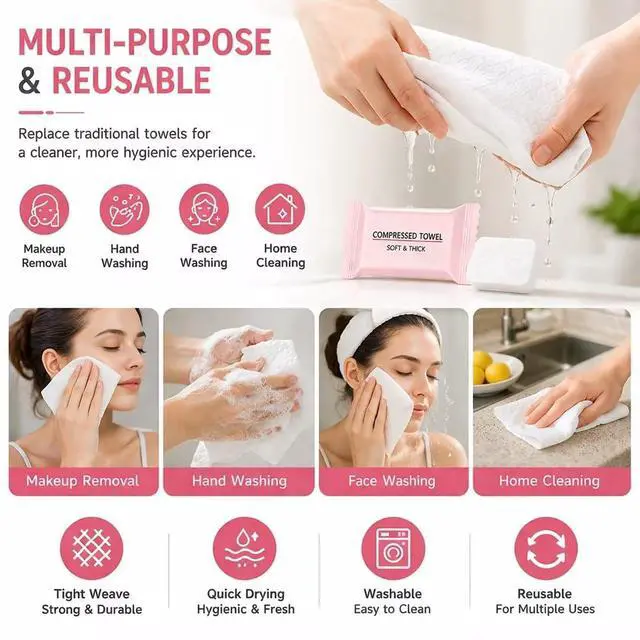 Alt view image 3 of 4 - 60PCS Compressed Towels, Disposable Face Towel, Compressed Towel Tablets, Portable Cotton Coin Tissues, Soft Thick Expandable Towels for Travel, Camping, Home, Outdoor, Makeup Removal (2Pack-Pink)