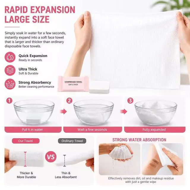Alt view image 4 of 4 - 60PCS Compressed Towels, Disposable Face Towel, Compressed Towel Tablets, Portable Cotton Coin Tissues, Soft Thick Expandable Towels for Travel, Camping, Home, Outdoor, Makeup Removal (2Pack-Pink)