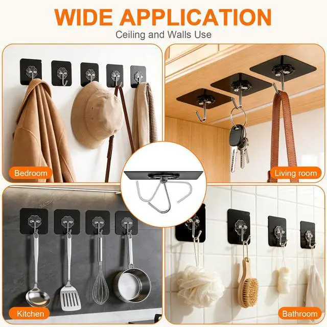 Alt view image 2 of 7 - Heavy Duty Adhesive Hooks for Hanging 50lb(Max) Black Wall Hooks with Strong Sticky,No Damage Removable Hook Waterproof & Reusable for Bathroom, Kitchen, Shower, Outdoor Decor -8 Pack