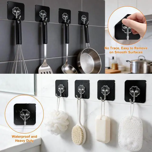 Alt view image 4 of 7 - Heavy Duty Adhesive Hooks for Hanging 50lb(Max) Black Wall Hooks with Strong Sticky,No Damage Removable Hook Waterproof & Reusable for Bathroom, Kitchen, Shower, Outdoor Decor -8 Pack