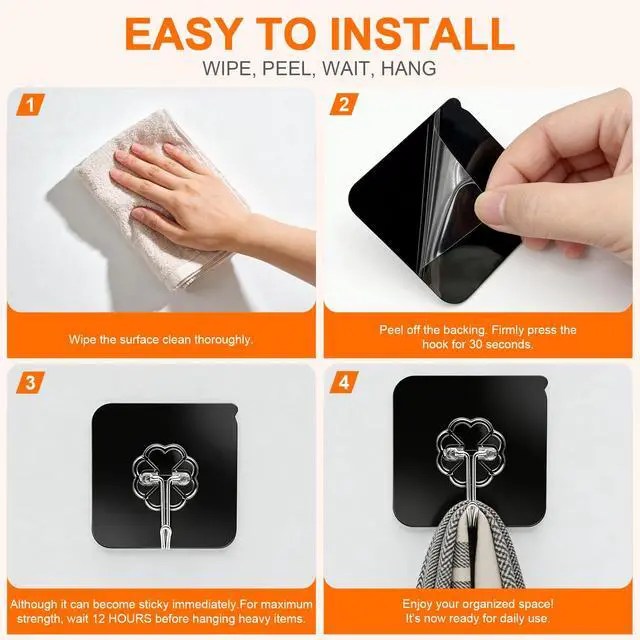 Alt view image 7 of 7 - Heavy Duty Adhesive Hooks for Hanging 50lb(Max) Black Wall Hooks with Strong Sticky,No Damage Removable Hook Waterproof & Reusable for Bathroom, Kitchen, Shower, Outdoor Decor -8 Pack