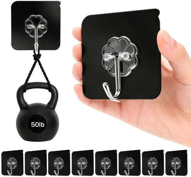 Main image of Heavy Duty Adhesive Hooks for Hanging 50lb(Max) Black Wall Hooks with Strong Sticky,No Damage Removable Hook Waterproof & Reusable for Bathroom, Kitchen, Shower, Outdoor Decor -8 Pack