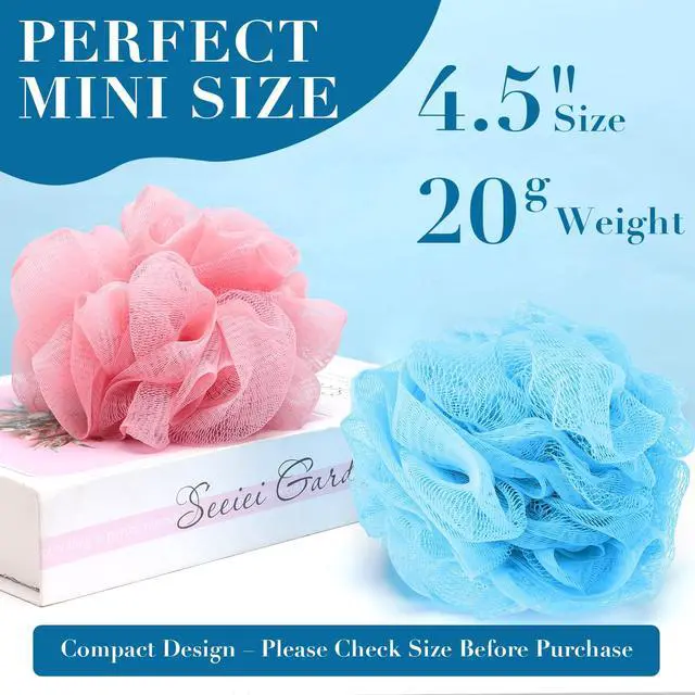 Alt view image 2 of 7 - 20 Pack Mini Loofah Sponge for Shower, Travel Size Bath Sponges Mesh Shower Puff Bath Pouf with Hanging Loop, Body Scrubber for Kids Women Men, 5 Colors Bath Sponges for Shower (20g)