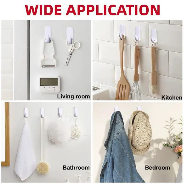 Alt view image 4 of 7 - Wall Hooks for Hanging 10 Large Hooks, Heavy Duty Wall Hooks with 10 Strips, Damage Free Adhesive Hooks for Key Holder, Coat, Door, Shower Hanging