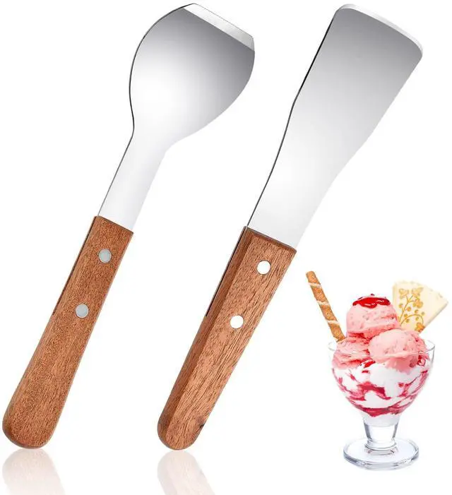 Main image of 2 Pieces Ice Cream Scoop, Stainless Steel Ice Cream Shovel with Wooden Handle Metal Dessert Spade Butter Blade Cook Cake Scraper for Kitchen Party Wedding