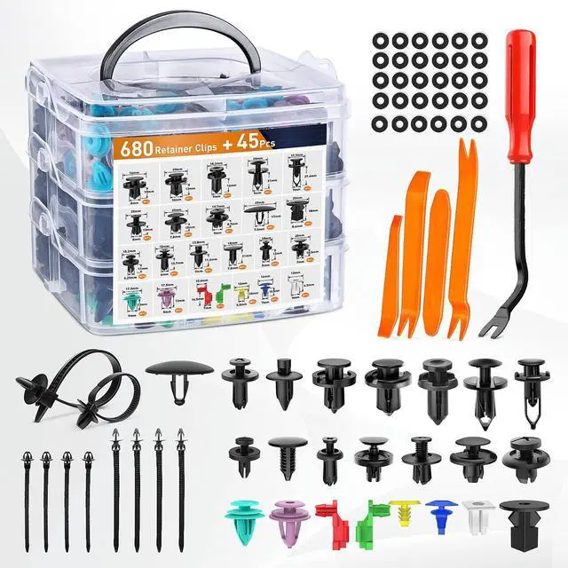 Main image of 725Pcs Car Push Retainer Clips & Auto Fasteners Assortment -23 Most Popular Sizes Nylon Bumper Fender Rivets with 10 Cable Ties and Fasteners Remover for Toyota GM Ford Honda Chevy