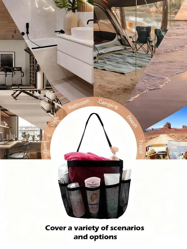 Alt view image 5 of 6 - Mesh Shower Caddy Bathroom Portable College Dorm Essentials for Girls Guys Shower Tote Beach Camp Travel Hanging Toiletry Bag Black