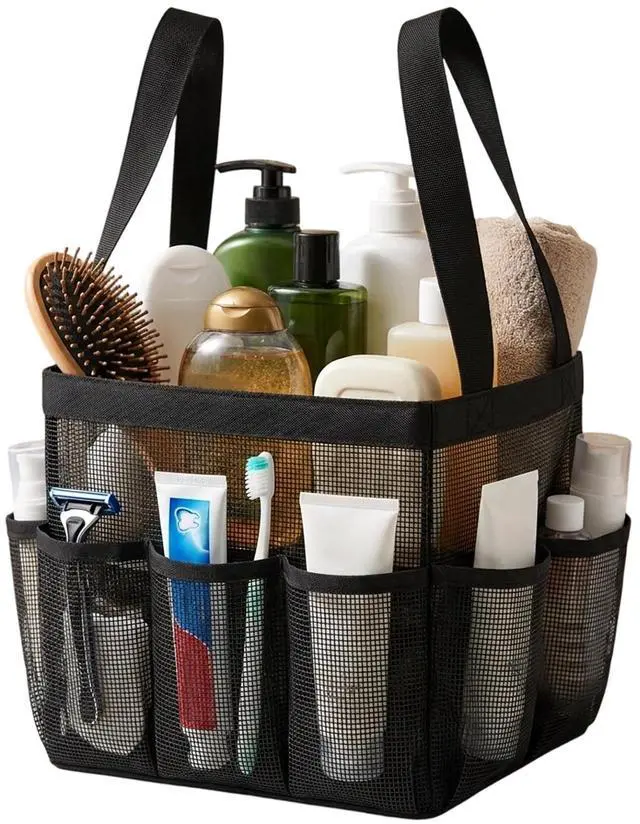 Main image of Portable Black Beach Tote Bag for Bathroom Dorm Essentials, Quick Dry Toiletry Organizer Large with 2 Handles 9 Pockets for Swim Pool Gym College Camp Travel Women Men Basket Bag