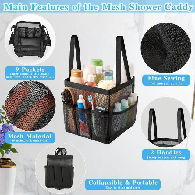 Alt view image 2 of 7 - Portable Black Beach Tote Bag for Bathroom Dorm Essentials, Quick Dry Toiletry Organizer Large with 2 Handles 9 Pockets for Swim Pool Gym College Camp Travel Women Men Basket Bag