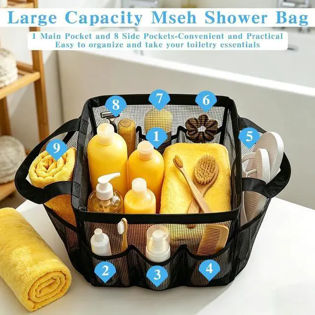 Alt view image 3 of 7 - Portable Black Beach Tote Bag for Bathroom Dorm Essentials, Quick Dry Toiletry Organizer Large with 2 Handles 9 Pockets for Swim Pool Gym College Camp Travel Women Men Basket Bag