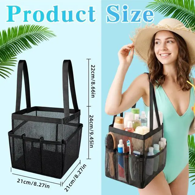 Alt view image 4 of 7 - Portable Black Beach Tote Bag for Bathroom Dorm Essentials, Quick Dry Toiletry Organizer Large with 2 Handles 9 Pockets for Swim Pool Gym College Camp Travel Women Men Basket Bag