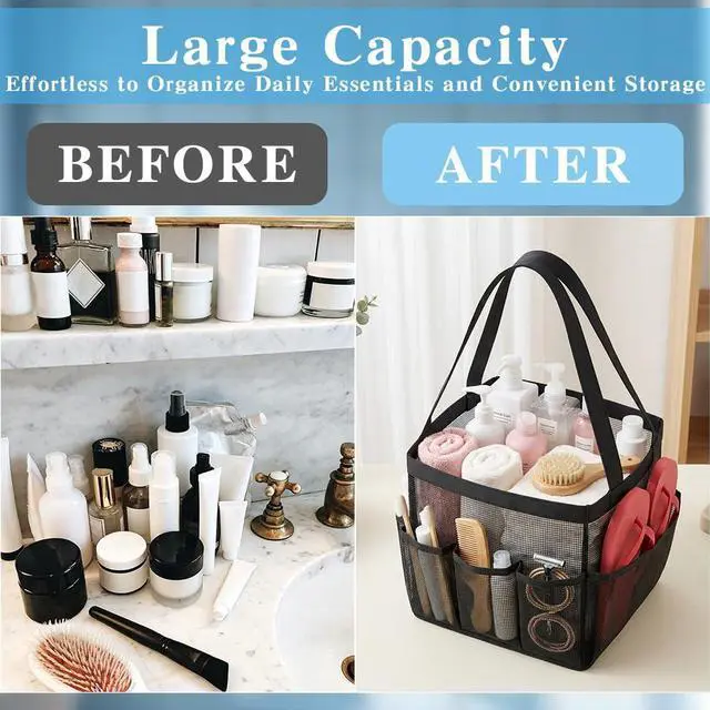 Alt view image 6 of 7 - Portable Black Beach Tote Bag for Bathroom Dorm Essentials, Quick Dry Toiletry Organizer Large with 2 Handles 9 Pockets for Swim Pool Gym College Camp Travel Women Men Basket Bag