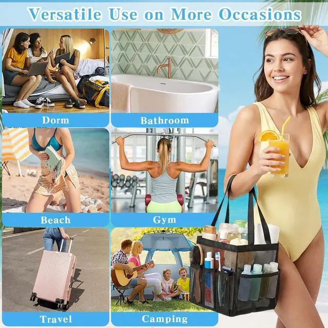 Alt view image 7 of 7 - Portable Black Beach Tote Bag for Bathroom Dorm Essentials, Quick Dry Toiletry Organizer Large with 2 Handles 9 Pockets for Swim Pool Gym College Camp Travel Women Men Basket Bag