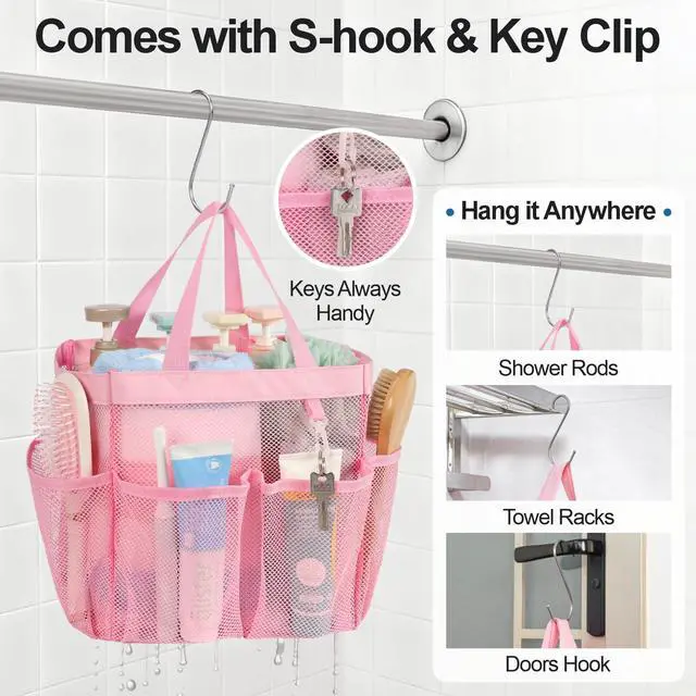 Alt view image 7 of 7 - Mesh Shower Caddy Portable - 8 Pockets, S-Hook, Shower Bag for Dorm Camping