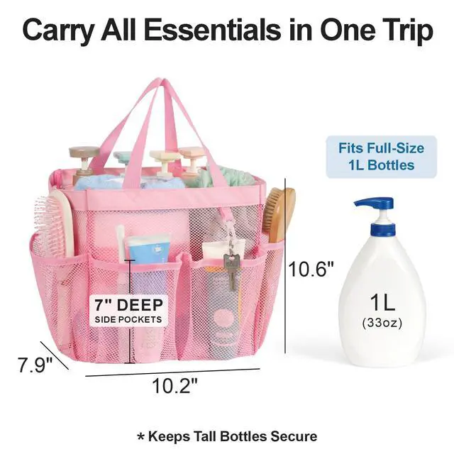 Alt view image 2 of 7 - Mesh Shower Caddy Portable - 8 Pockets, S-Hook, Shower Bag for Dorm Camping