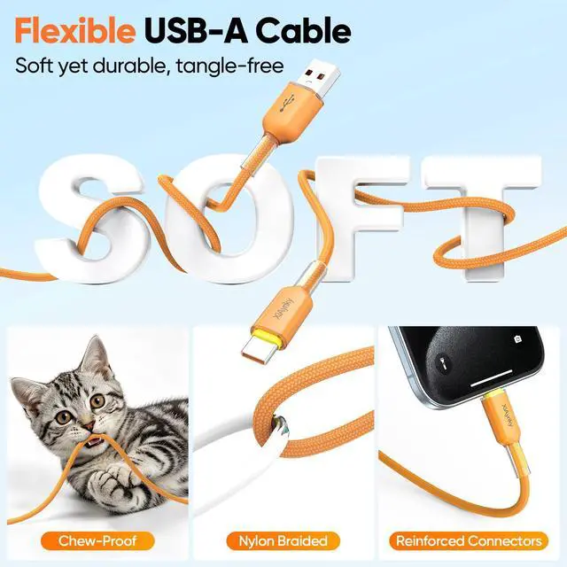 Alt view image 2 of 7 - Carplay USB to USB-C Cable 6FT 2-Pack, 3A USB A to C Charging Cord & 480Mbps Data Cable Support CarPlay, for iPhone 17/16/15 Pro Max, Samsung Galaxy S25/S24, iPad 11/10th, MacBook Neo, Orange Braided
