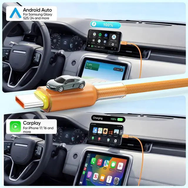 Alt view image 3 of 7 - Carplay USB to USB-C Cable 6FT 2-Pack, 3A USB A to C Charging Cord & 480Mbps Data Cable Support CarPlay, for iPhone 17/16/15 Pro Max, Samsung Galaxy S25/S24, iPad 11/10th, MacBook Neo, Orange Braided