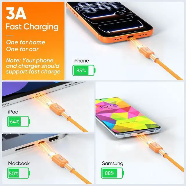 Alt view image 5 of 7 - Carplay USB to USB-C Cable 6FT 2-Pack, 3A USB A to C Charging Cord & 480Mbps Data Cable Support CarPlay, for iPhone 17/16/15 Pro Max, Samsung Galaxy S25/S24, iPad 11/10th, MacBook Neo, Orange Braided