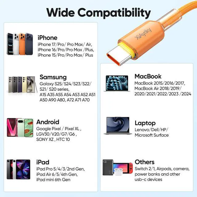 Alt view image 7 of 7 - Carplay USB to USB-C Cable 6FT 2-Pack, 3A USB A to C Charging Cord & 480Mbps Data Cable Support CarPlay, for iPhone 17/16/15 Pro Max, Samsung Galaxy S25/S24, iPad 11/10th, MacBook Neo, Orange Braided