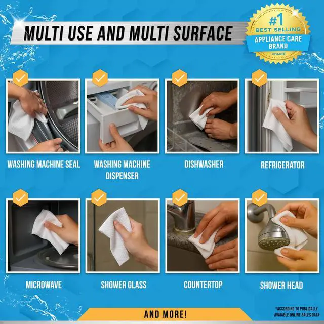 Alt view image 3 of 5 - Home Appliance Surface Cleaner Wipes Heavy Duty Wipe for Cleaning Washing Machine, Dryer Stainless Steel Refrigerator, Glass Cooktop, Microwave, Dishwasher, Counter, Tile - 24 Large Wipes