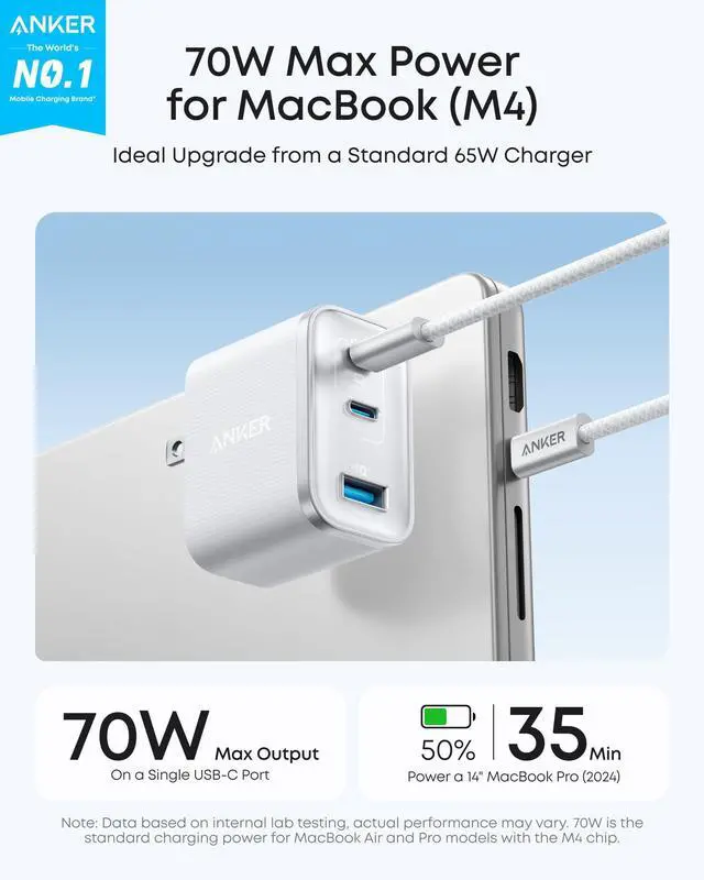 Alt view image 2 of 6 - Nano USB C Charger, Ultra-Fast 70W Output 3-Port Fast Charger USB C, Type C Charger Fast Charging, Compact and Stylish, for iPhone 17/16 Series, MacBook, iPad and More(Black, Cable Included)