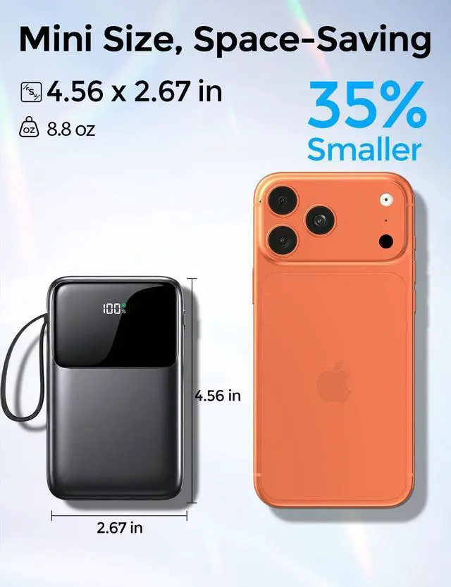 Alt view image 3 of 7 - Power Bank, 15000mAh Portable Charger with Built in Cable, 22.5W Fast Charging, 6 Outputs, Slim Travel Essential Battery Pack with LED Display, Compatible with iPhone 17/16/15/14/13, iPad Black