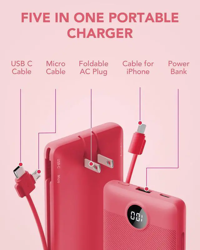 Alt view image 3 of 7 - Portable Charger Built-in Cables and AC Wall Plug, VRURC USB C Power Bank 10000mAh, Travel Battery Portable Phone Charger Compact Lightweight External Battery Pack for SmartPhones,Tablets-Viva Magenta