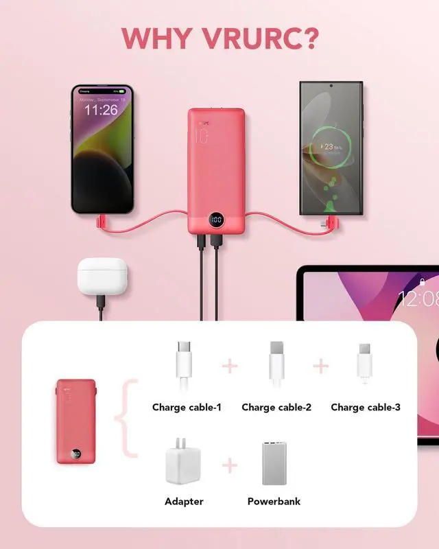 Alt view image 4 of 7 - Portable Charger Built-in Cables and AC Wall Plug, VRURC USB C Power Bank 10000mAh, Travel Battery Portable Phone Charger Compact Lightweight External Battery Pack for SmartPhones,Tablets-Viva Magenta