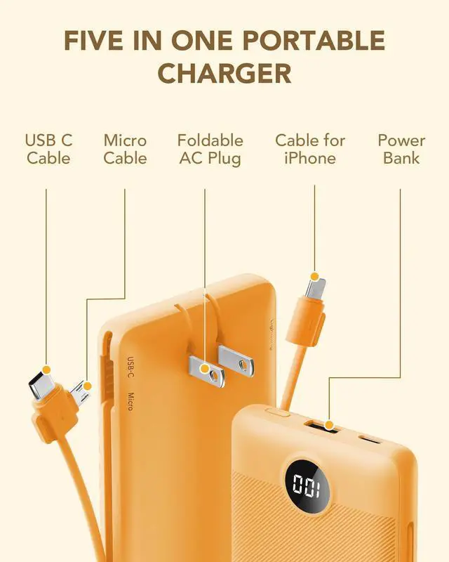 Alt view image 3 of 7 - Portable Charger, Power Bank Built-in Cables and AC Wall Plug