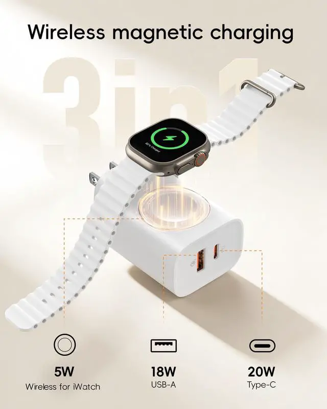 Alt view image 2 of 7 - Fast Charger for Apple Watch, Built-in Wireless Magnetic Charging Station for iWatch SE/11/10/9/8/7/6/5/4, PD 20W USB C Charging Block, Foldable Wall Charger for iPhone 17/16/15/14/13-White