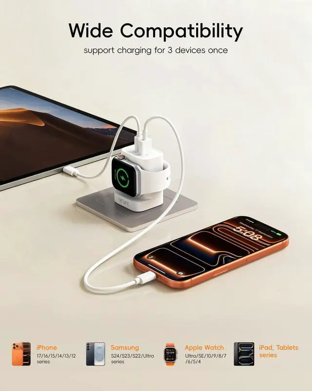 Alt view image 3 of 7 - Fast Charger for Apple Watch, Built-in Wireless Magnetic Charging Station for iWatch SE/11/10/9/8/7/6/5/4, PD 20W USB C Charging Block, Foldable Wall Charger for iPhone 17/16/15/14/13-White