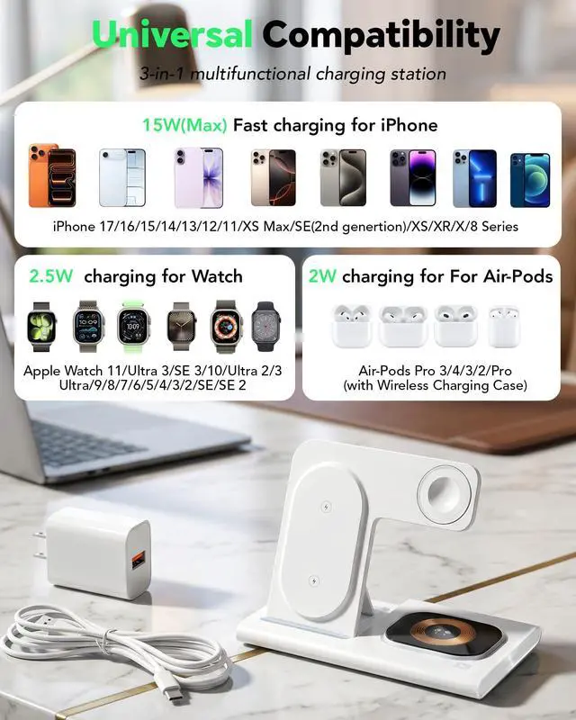 Alt view image 2 of 7 - 3 in 1 Foldable Charging Station for Apple Products,Wireless Charger for iPhone 17 16 15 14 13 12 Pro Max,Travel Dock Adapter&Light for iWatch Series 11 10 9 Ultra 3/2 SE 3/2,for AirPods 4 3 2 Pro 3/2