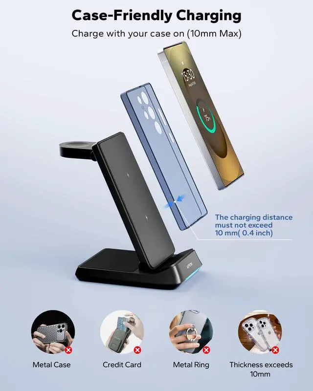 Alt view image 2 of 7 - 3 in 1 Charging Station for Samsung, Wireless Charger for Thick Cases, Foldable Phone and Watch Charger Stand for Galaxy S26/S25/S25 Ultra/S24/Z Fold/Android Devices, Galaxy Watch and Earbuds