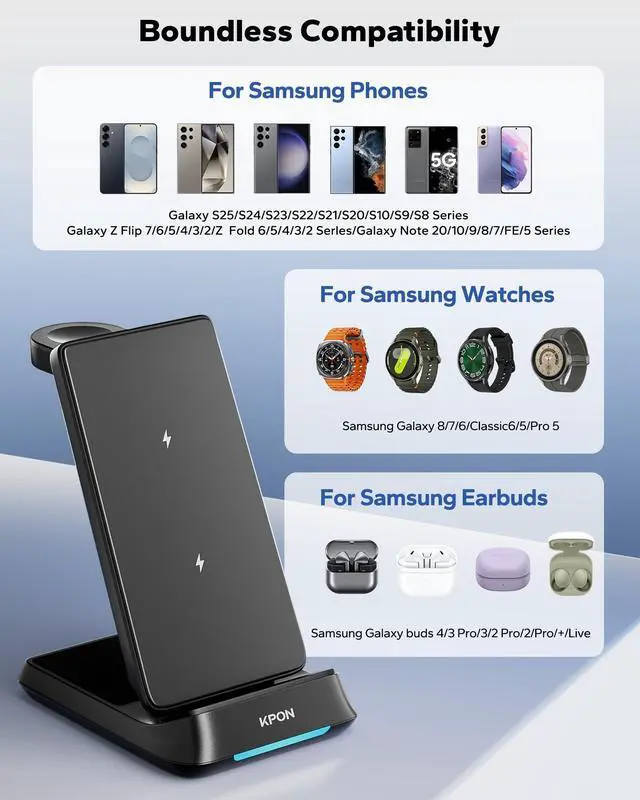Alt view image 4 of 7 - 3 in 1 Charging Station for Samsung, Wireless Charger for Thick Cases, Foldable Phone and Watch Charger Stand for Galaxy S26/S25/S25 Ultra/S24/Z Fold/Android Devices, Galaxy Watch and Earbuds