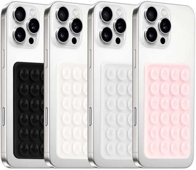 Main image of 4Pack Silicone Suction Phone Case Mount, Silicon Adhesive Smartphones Stand Sticky, Hands-Free Phone Accessories Holder for Selfies and Videos (Black & White & Translucent & Light Pink)