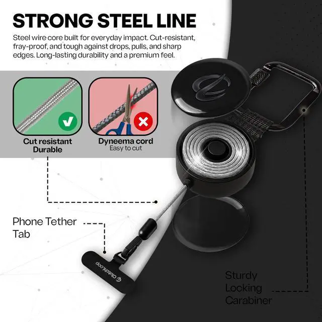 Alt view image 2 of 7 - Anti-Theft Phone Tether - Universal Adhesive Anchor, Retractable Steel Line and Locking Carabiner (Midnight)