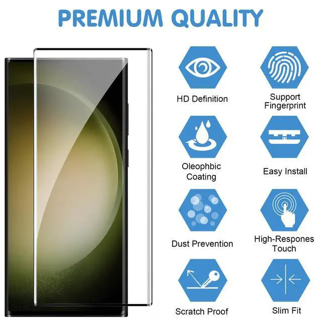 Alt view image 2 of 7 - 3 Pack Galaxy S23 Ultra Screen Protector, HD Clear Tempered Glass, Fingerprint Unlock, 3D Curved, Scratch Resistant, No Bubble for Samsung Galaxy S23 Ultra 5G Glass Screen Protector