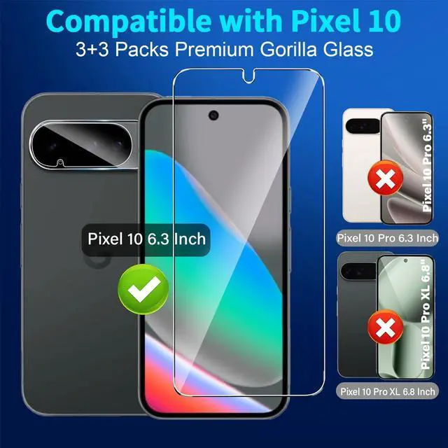Alt view image 2 of 7 - 3 Pack for Google Pixel 10 Screen Protector Tempered Glass + 3 Pack Camera Lens Protector, Military Grade Shatterproof, 9H Hardness, Fingerprint Unlock,Case Friendly 6.3 Inch
