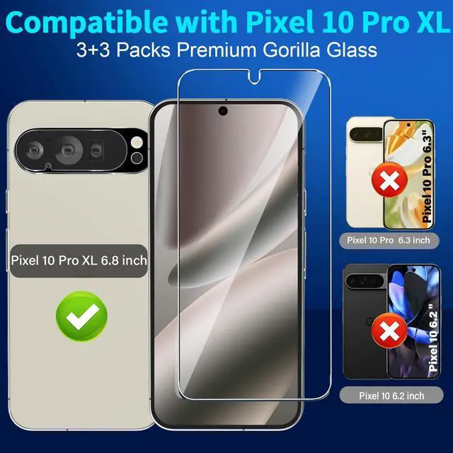 Alt view image 2 of 7 - 3 Pack for Google Pixel 10 Pro XL Screen Protector Tempered Glass + 3 Pack Camera Lens Protector, Military Grade Shatterproof, 9H Hardness, Fingerprint Unlock,Case Friendly 6.8 Inch