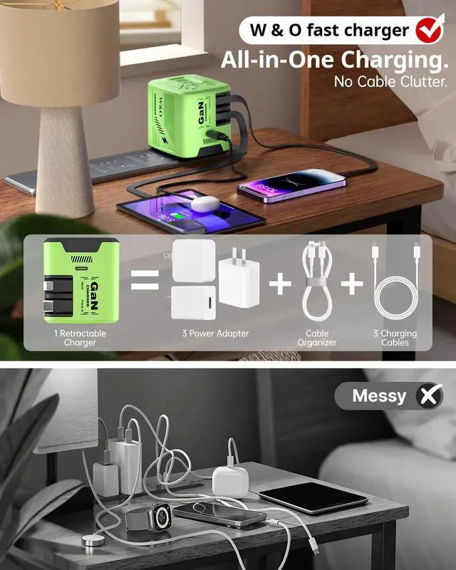Alt view image 2 of 7 - Retractable Wall Charger, 60W Gan Fast Charger with Built-in 47.2 USB-C & Lightning Cables, No Cable Mess Charging Solution for iPhone 17/16/15, Galaxy S25/S24Green