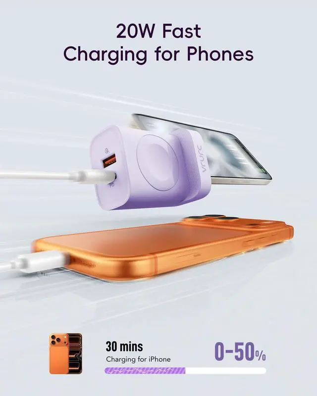 Alt view image 3 of 7 - Charger for iPhone & Apple Watch, 20W USB C Fast Charging Block, 3-in-1 Compact Travel Adapter with 2 Port for iPhone 17/16/15/14/13, Wireless Magnetic for iWatch SE/11/10/9/8/7/6/5/4-Purple