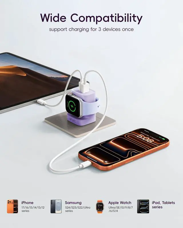 Alt view image 4 of 7 - Charger for iPhone & Apple Watch, 20W USB C Fast Charging Block, 3-in-1 Compact Travel Adapter with 2 Port for iPhone 17/16/15/14/13, Wireless Magnetic for iWatch SE/11/10/9/8/7/6/5/4-Purple