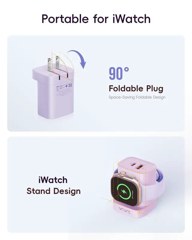 Alt view image 5 of 7 - Charger for iPhone & Apple Watch, 20W USB C Fast Charging Block, 3-in-1 Compact Travel Adapter with 2 Port for iPhone 17/16/15/14/13, Wireless Magnetic for iWatch SE/11/10/9/8/7/6/5/4-Purple