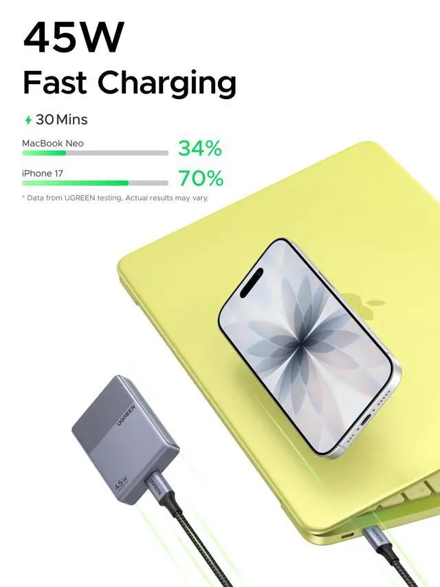 Alt view image 3 of 7 - 45W USB C Charger Block, Flat USBC Wall Charger, Ultra Slim and Foldable Plug Power Adapter for iPhone 17 16, Galaxy S26/S25, iPad, MacBook Air/Neo/Pro, Grey
