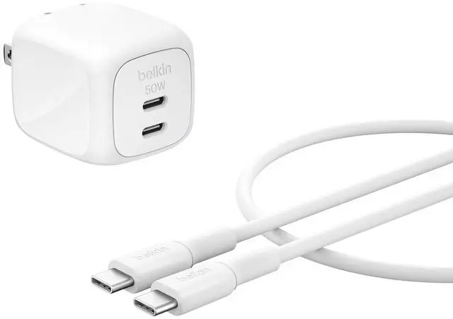Main image of 2-Port USB C Charger Block 50W, Dual-Port GaN Charger w/ 2X USB C Ports & Included 1M C-C Cable, Fast Charging for MacBook, iPhone, iPad, Chromebook, Galaxy, Pixel - Travel Essentials - White