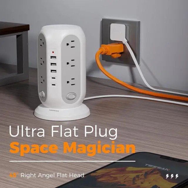 Alt view image 7 of 7 - Tower Power Strip with Individual Switches, Surge Protector with 12 Outlets, 5 USB Ports(2 USB C), Flat Extension Cord 10 Ft, 1250W, Charging Station for Multiple Devices, Office, Dorm, Grey