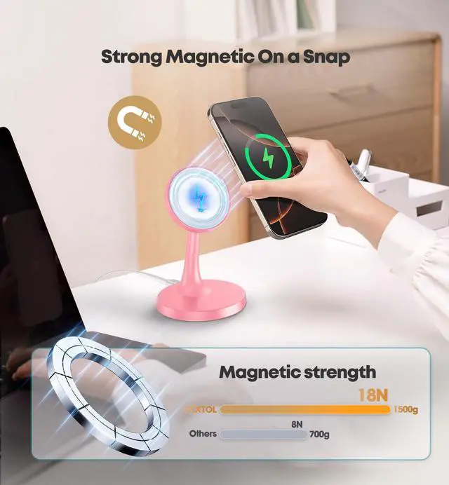 Alt view image 2 of 7 - Magnetic Wireless Charger iPhone Stand, 15W Fast Mag-Safe Charger iPhone 17/17 Air/17 Pro/17 Pro Max 16/15/14/13/12 Series Magnet Wireless Charging Station/Pad/AirPods for Home, Office, Travel